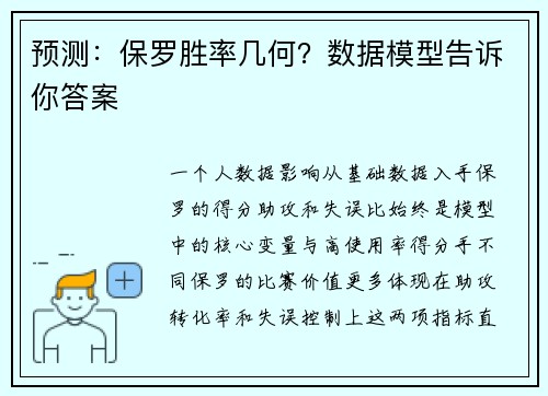 预测：保罗胜率几何？数据模型告诉你答案